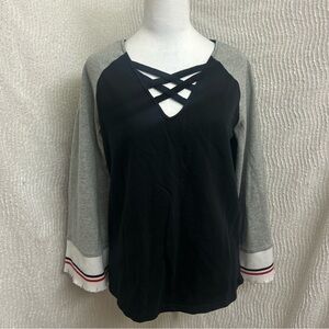 Very J Women’s Top Size Large Black with Grey Sleeves & Striped Cuffs